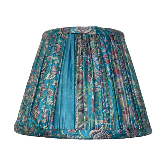 Floral aqua silk sari lampshade