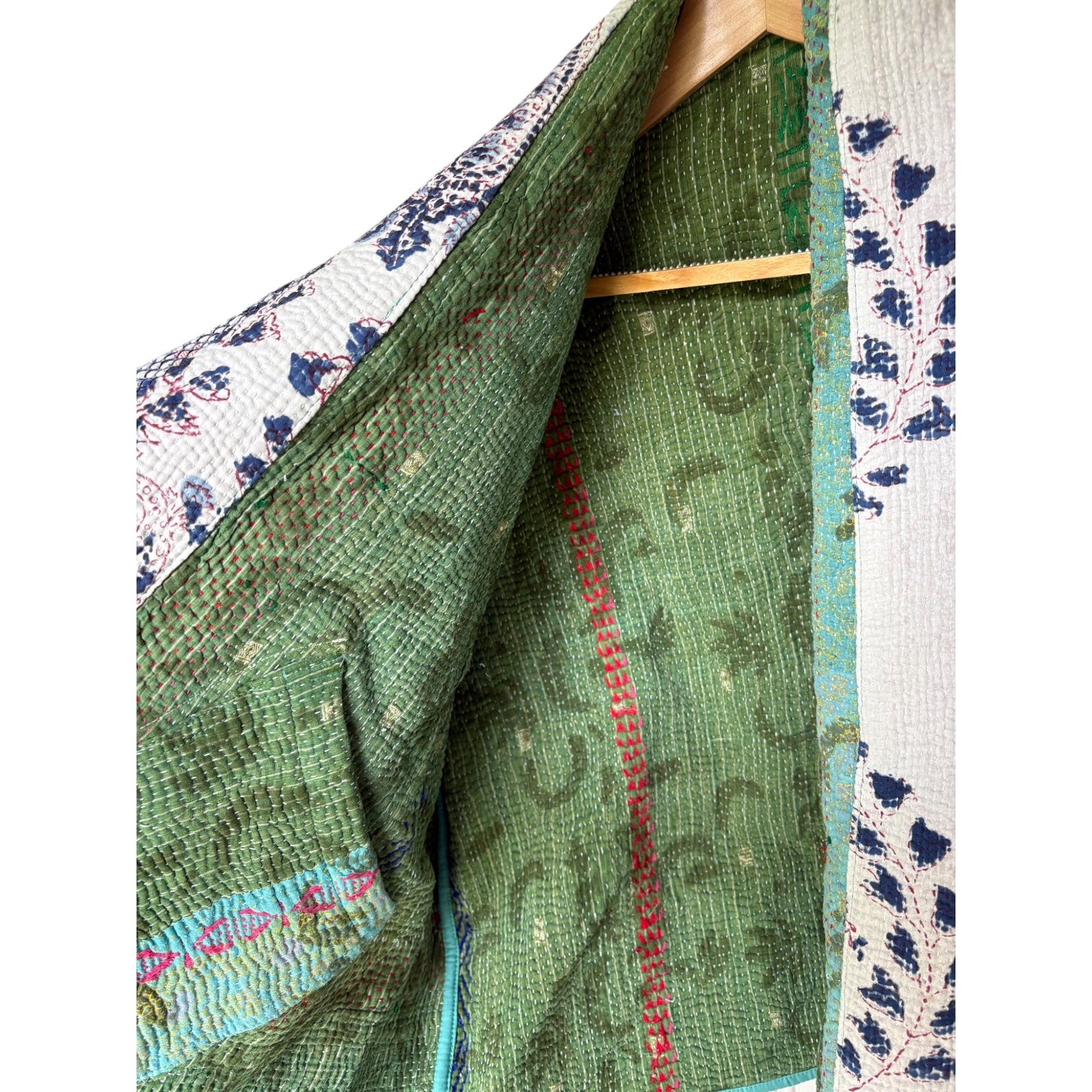 inside blue short kantha coat