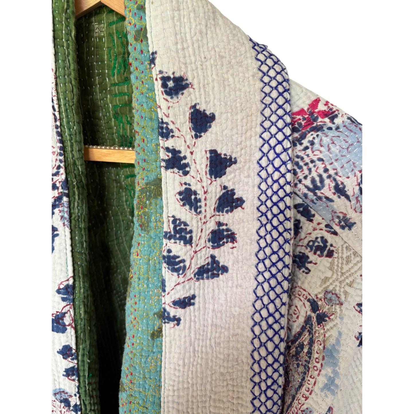 close up block print kantha coat