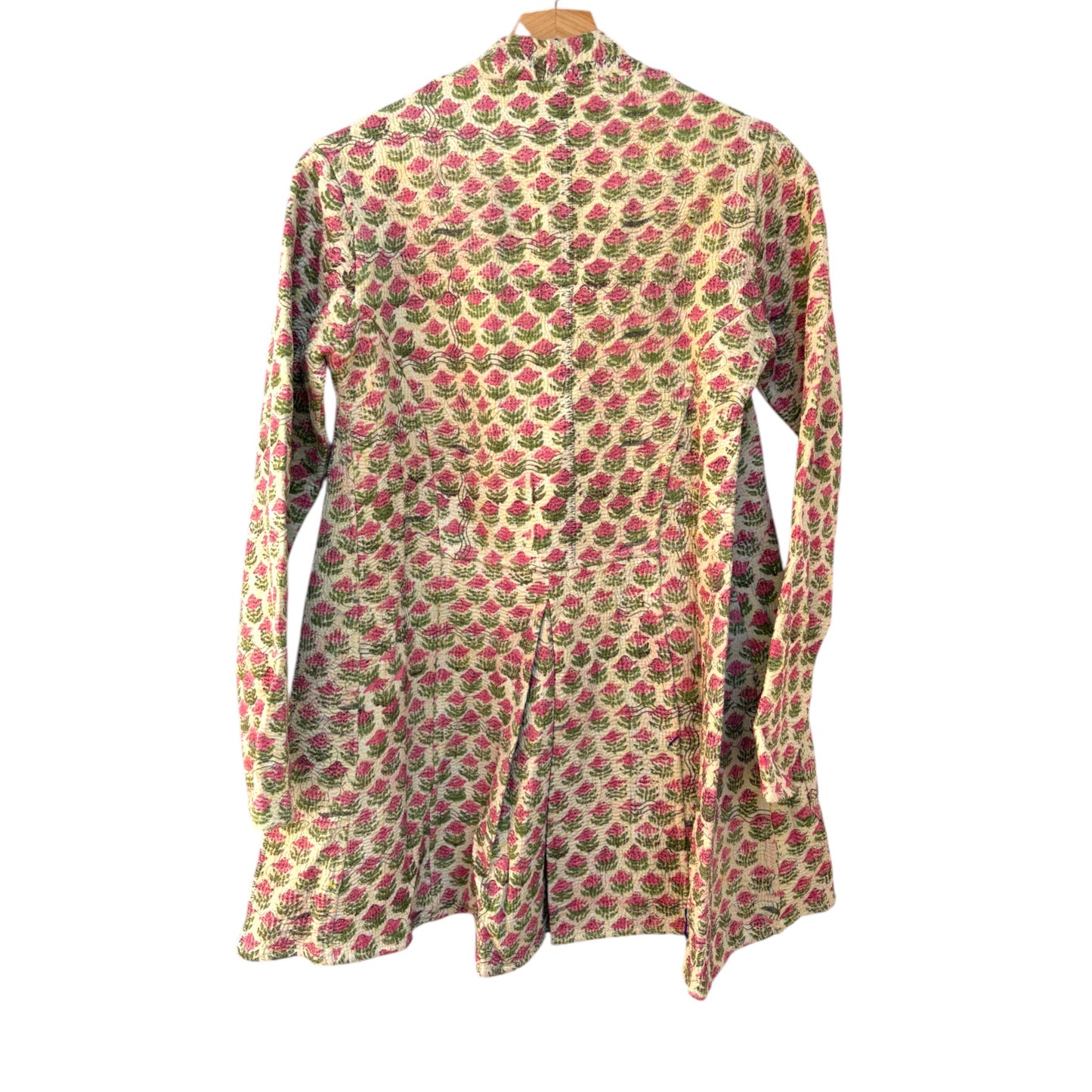 Block print pink flower kantha coat long