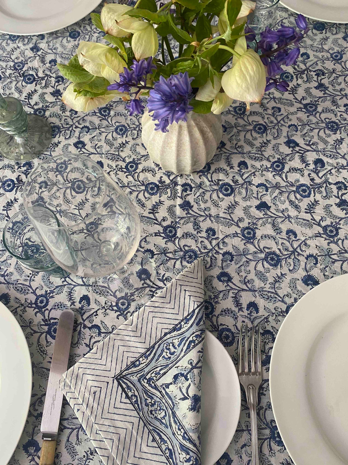 Blue block printed cotton napkins