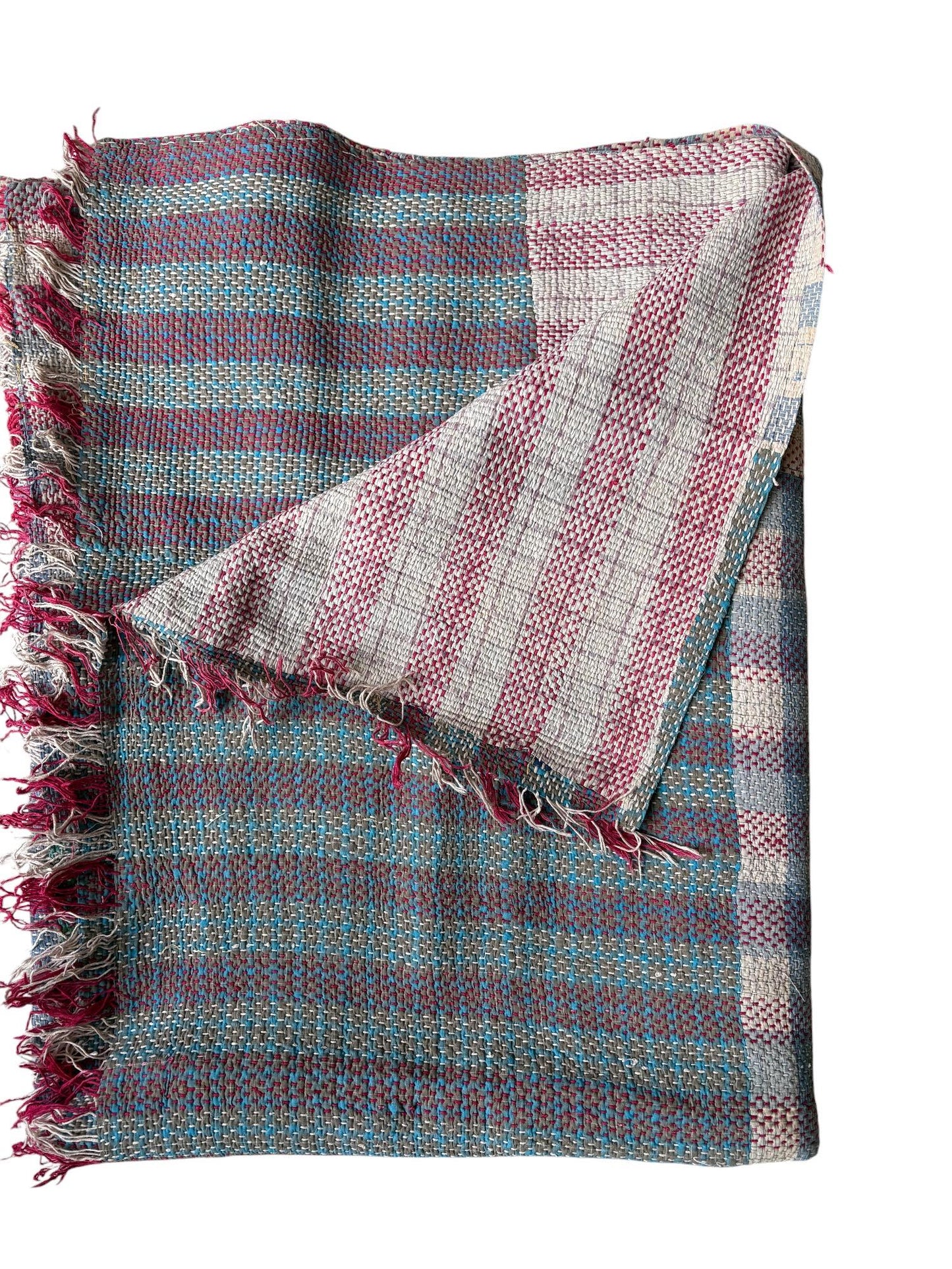 blue check kantha rug 1