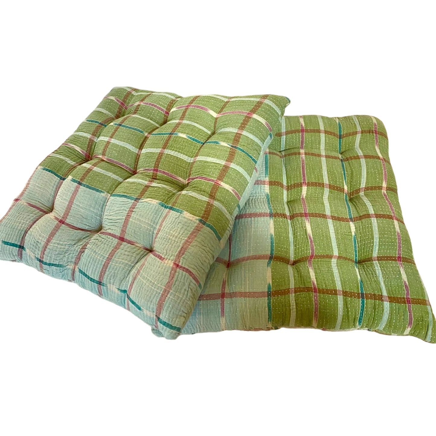 Blue and green check kantha seat cushions