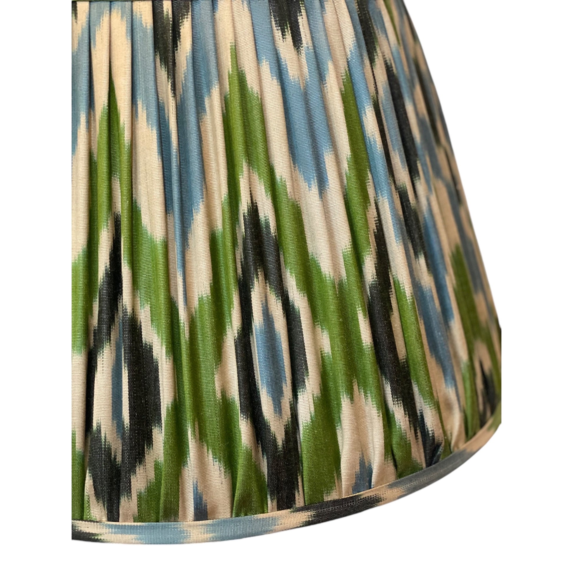 Blue and green ikat lampshade close up