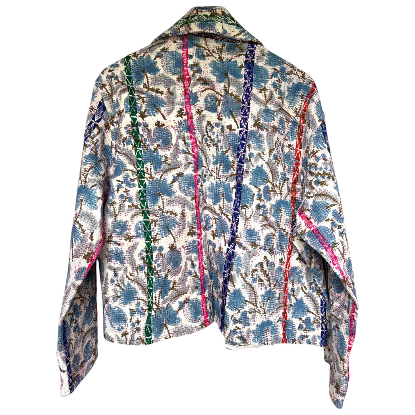 Back of bright blue kantha coat
