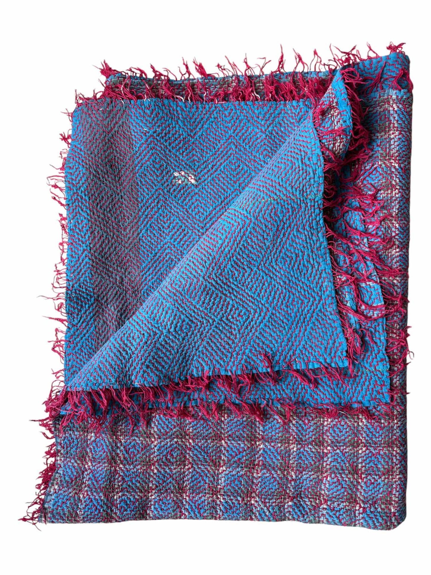 Bright blue and red kantha rug