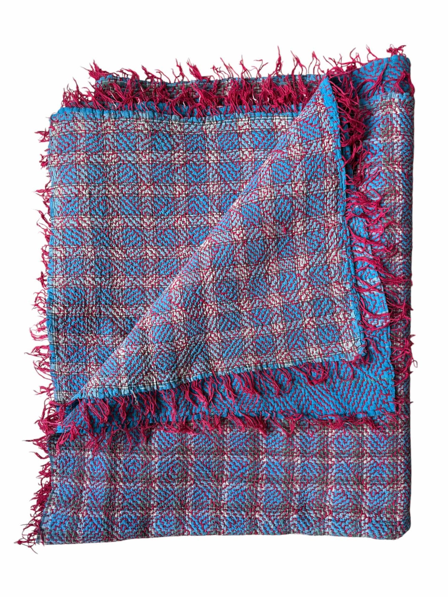 Bright blue & red kantha rug