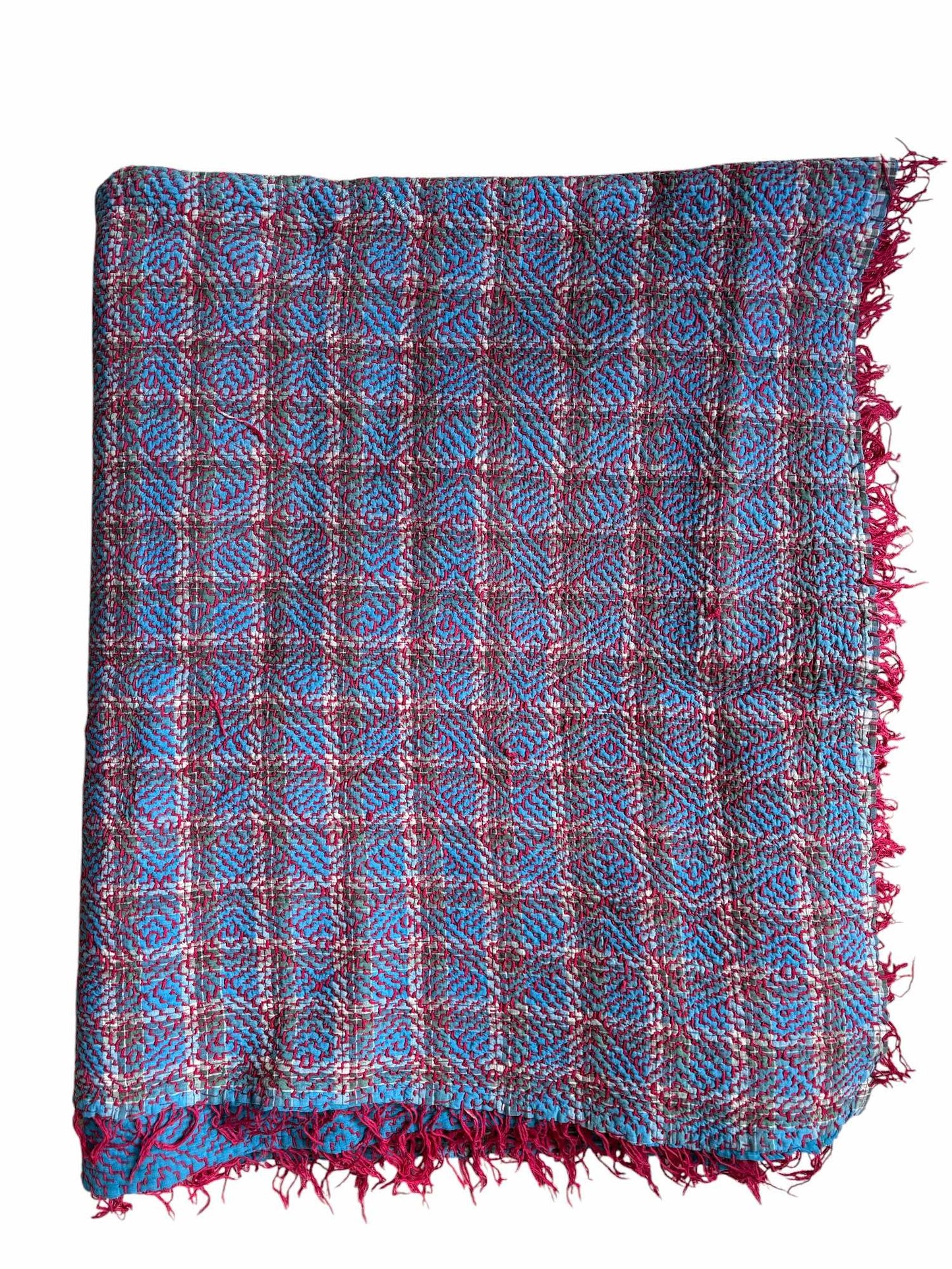 Red and bright blue kantha rug