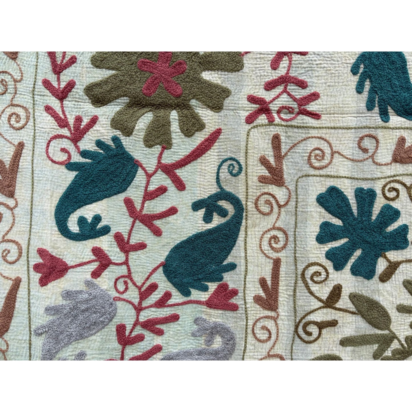 Close-up of a patterned fabric with floral and leaf designs.