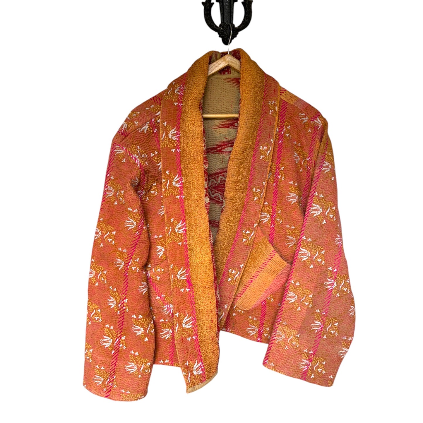 Coral and ochre short kantha coat