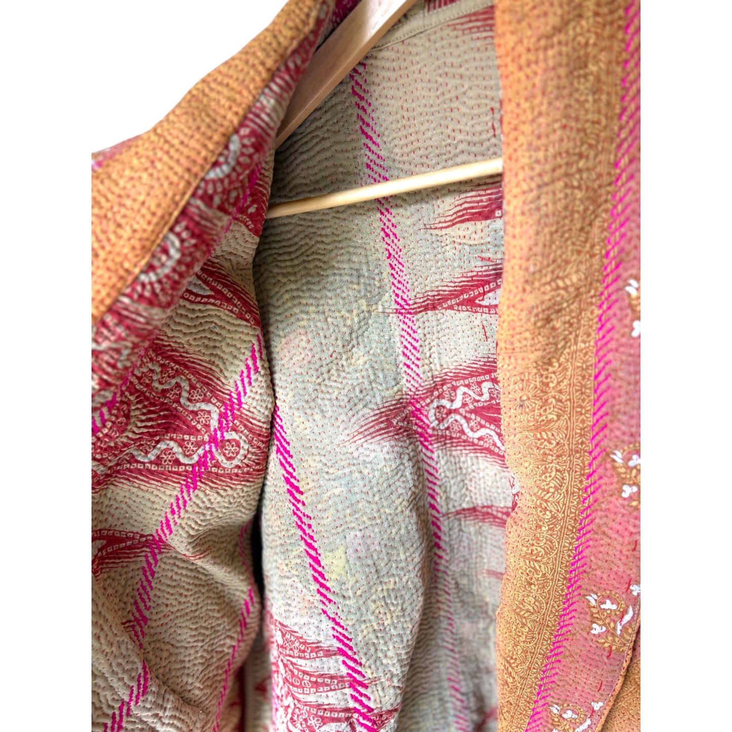 Coral and ochre short kantha coat reverse