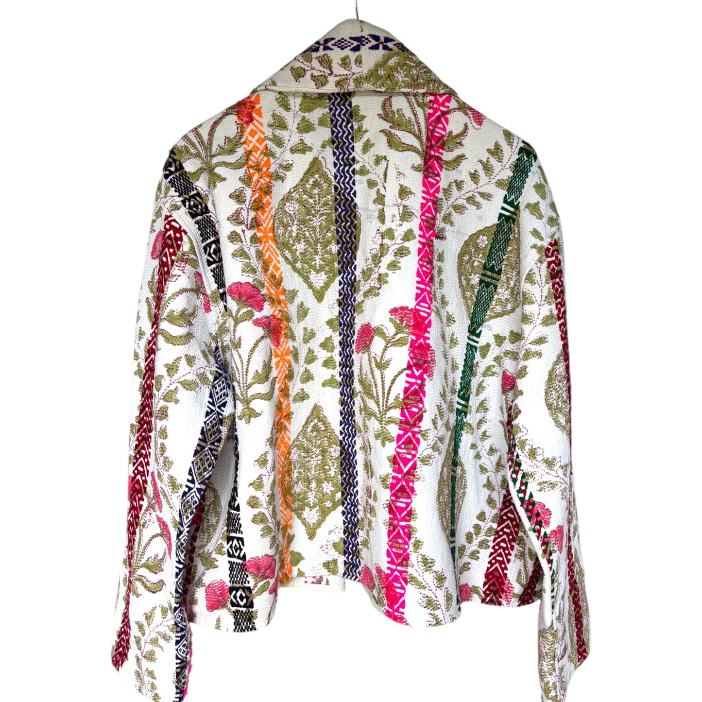 Cream and olive Moghul short kantha coat back