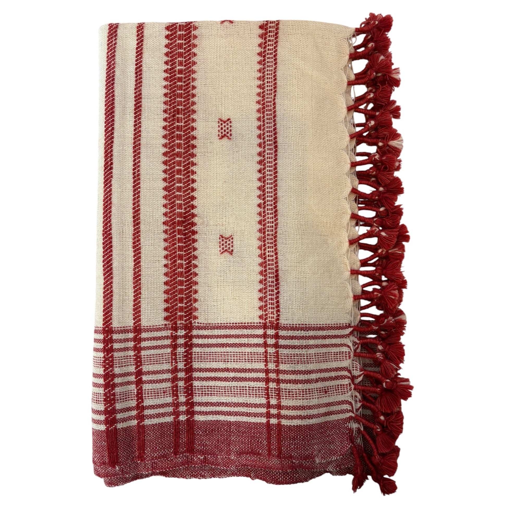 Cream and red woollen throw