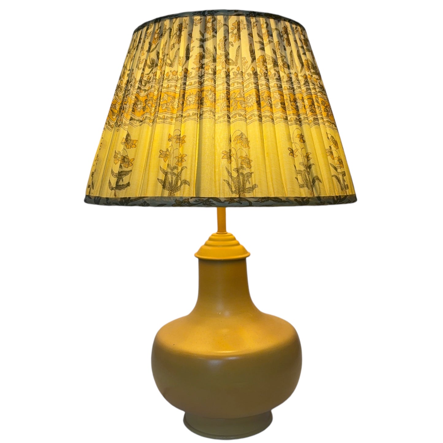 Daffodil yellow silk sari lampshade on Priyanka lamp base