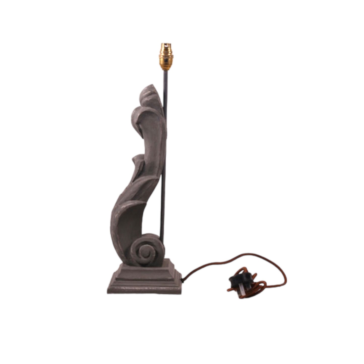 Grey scroll table lamp side view