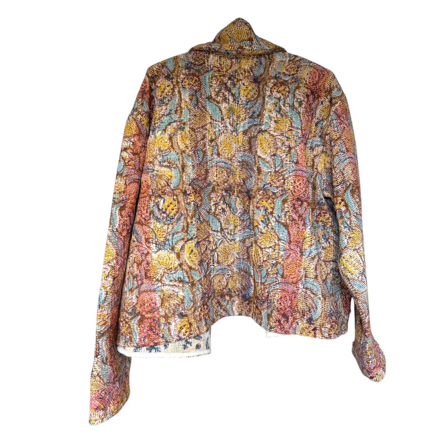 Denim block print kantha coat back