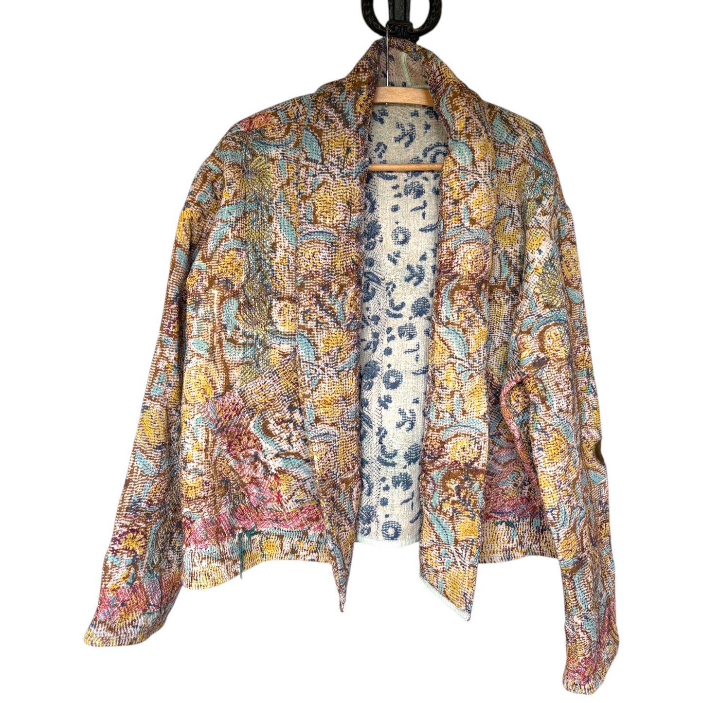 Denim block print kantha coat short