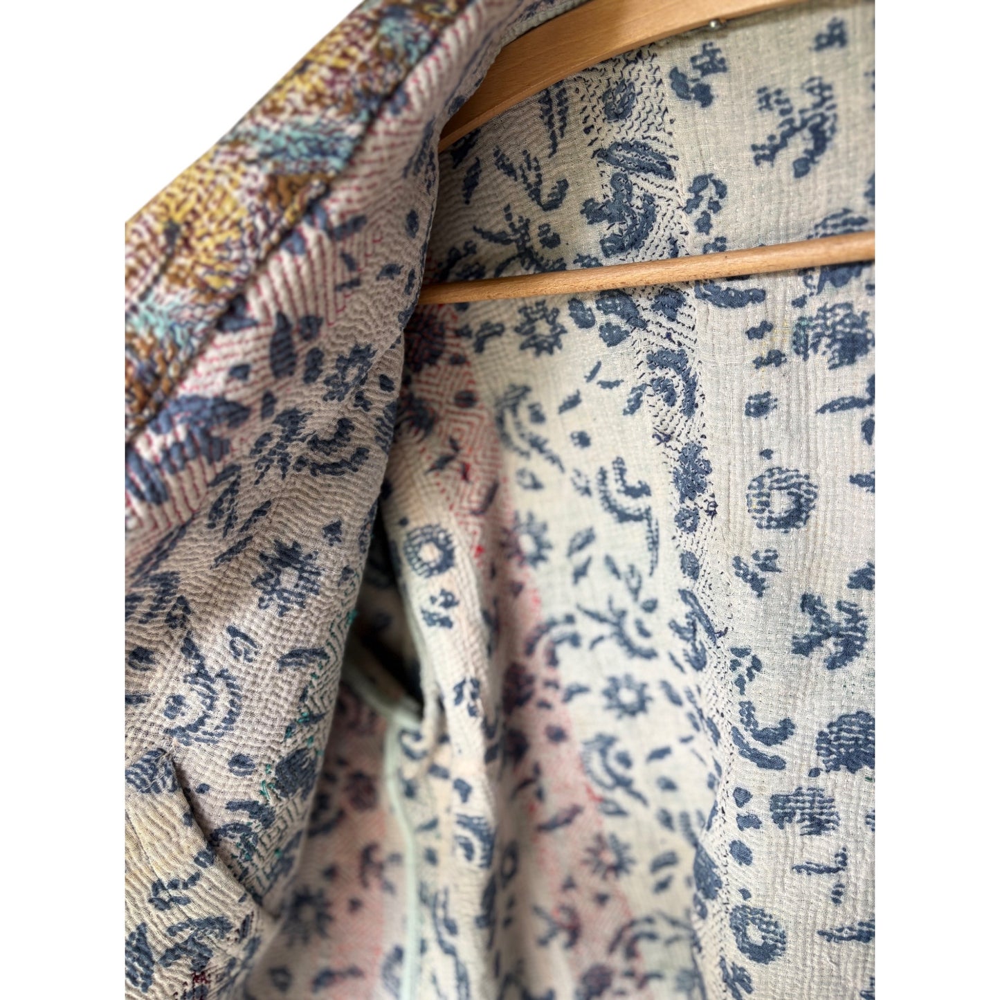 Denim block print kantha coat reverse