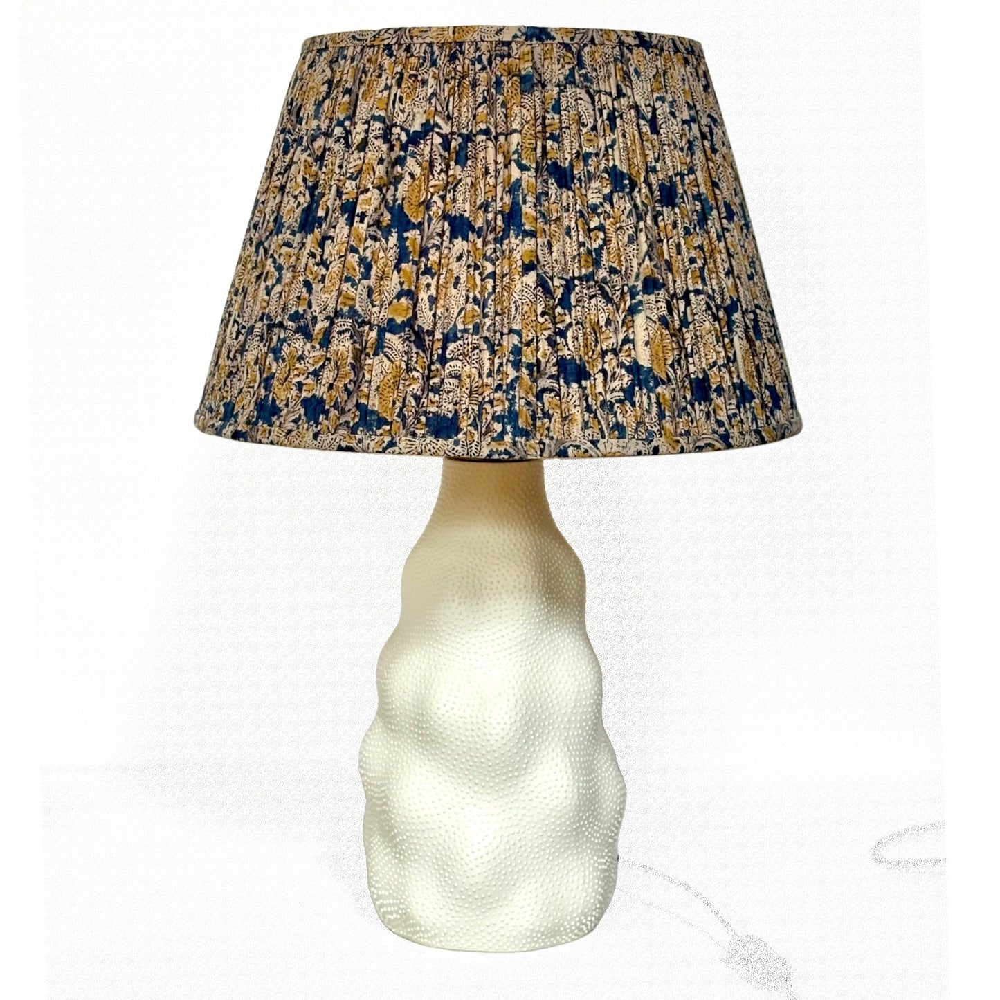Denim and ochre kalamkari lampshade on iki
