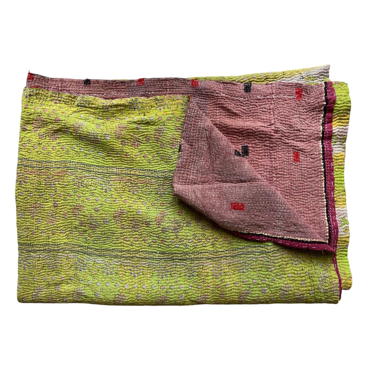 Pink kantha quilt with lime