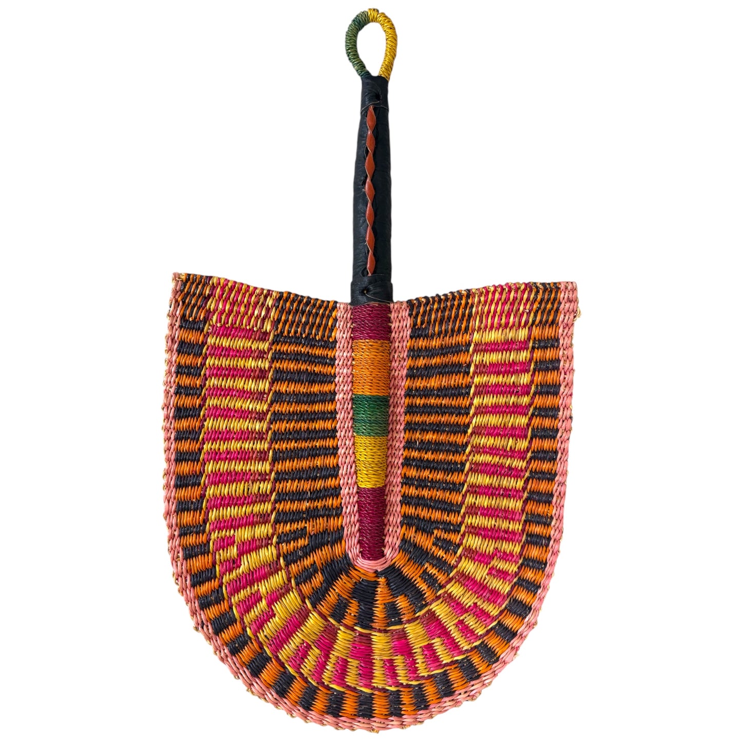 Other side of handwoven Ghanaian Bolga fan in orange, pink and black raffia with a leather-wrapped handle, shield-shaped weave, against a white background, facing downwards from handle