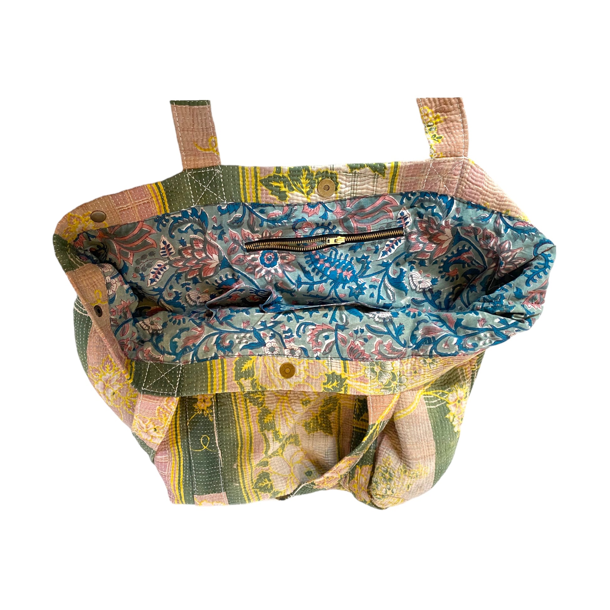 Green and pink kantha bag