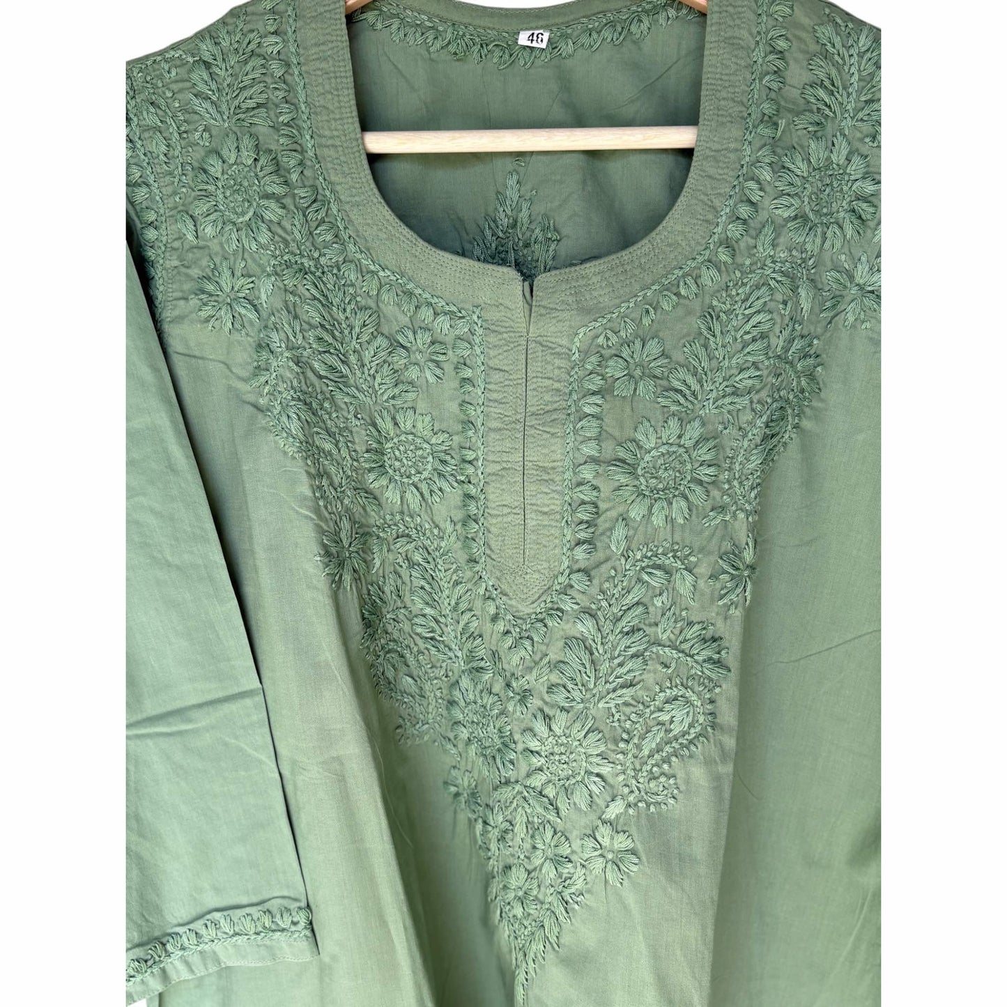 Green cotton kurta close up