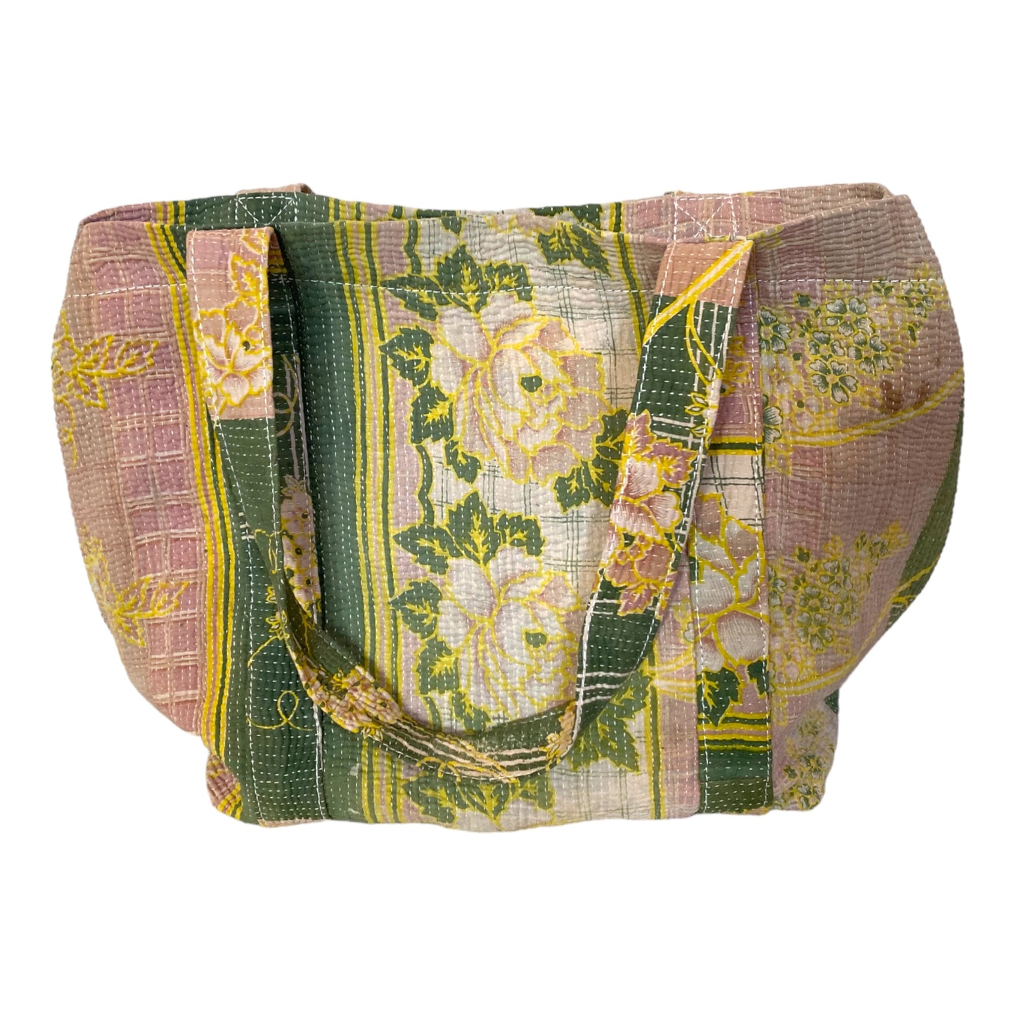 Soft green and pink floral kantha bag