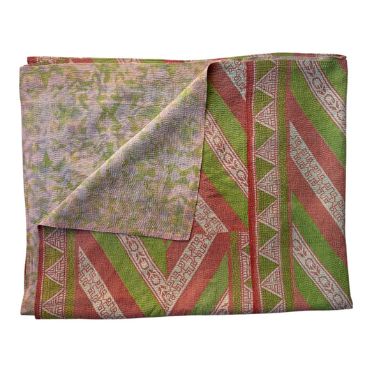 green and pink kantha quilt