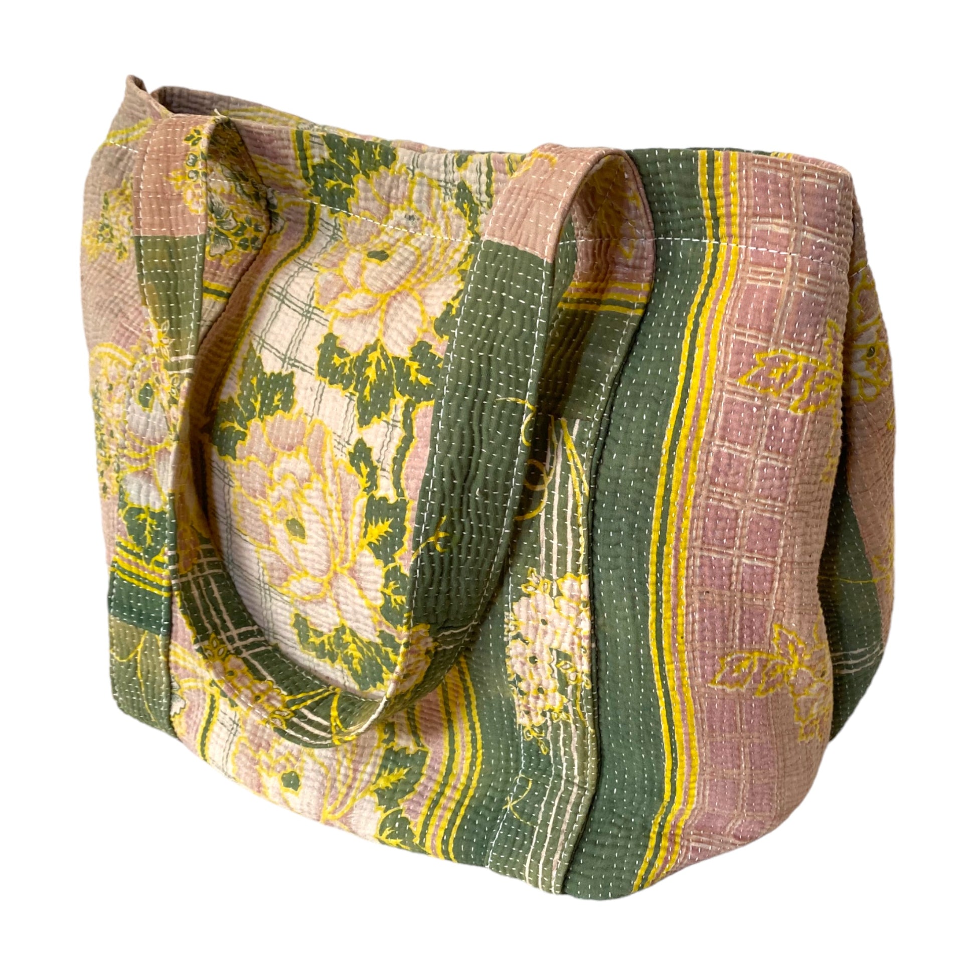 Green and pink floral kantha bag