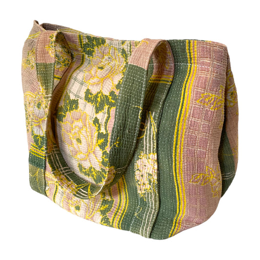Green and pink floral kantha bag