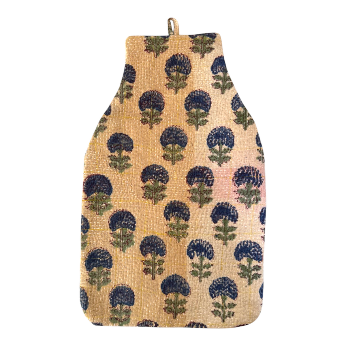 Kantha hot water bottle cover in thistle print. Set on a white background.