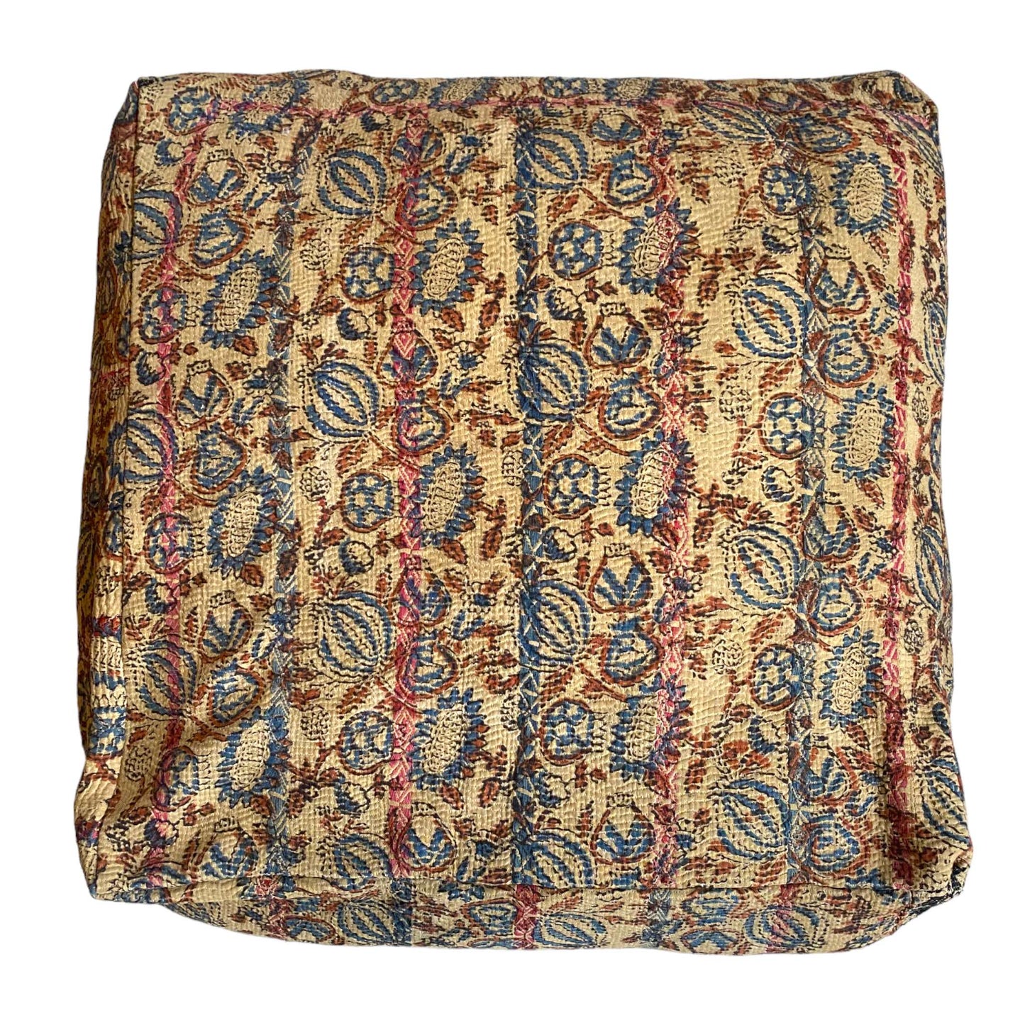 Khaki and blue floor kantha cushion