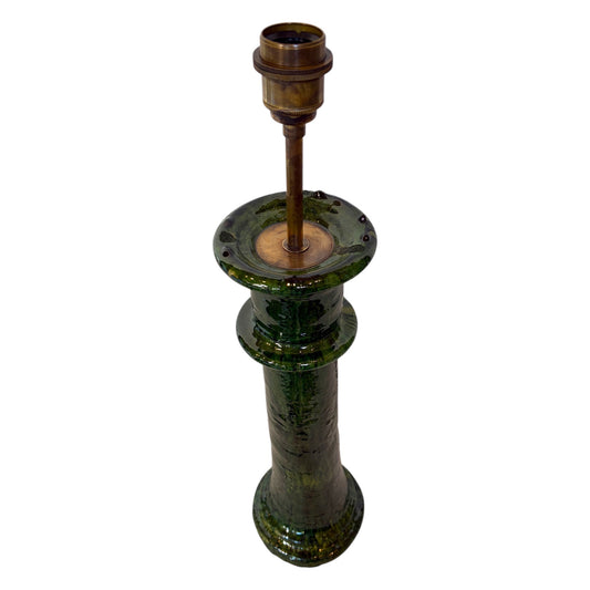 Close-up of Tamegroute lamp base showing green glaze and antiqued brass E27 bulb fitting.