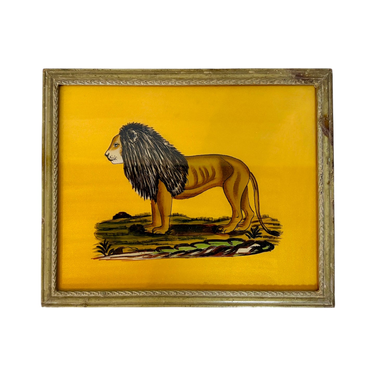 glass painting of a lion within a detailed gold frame on a white background