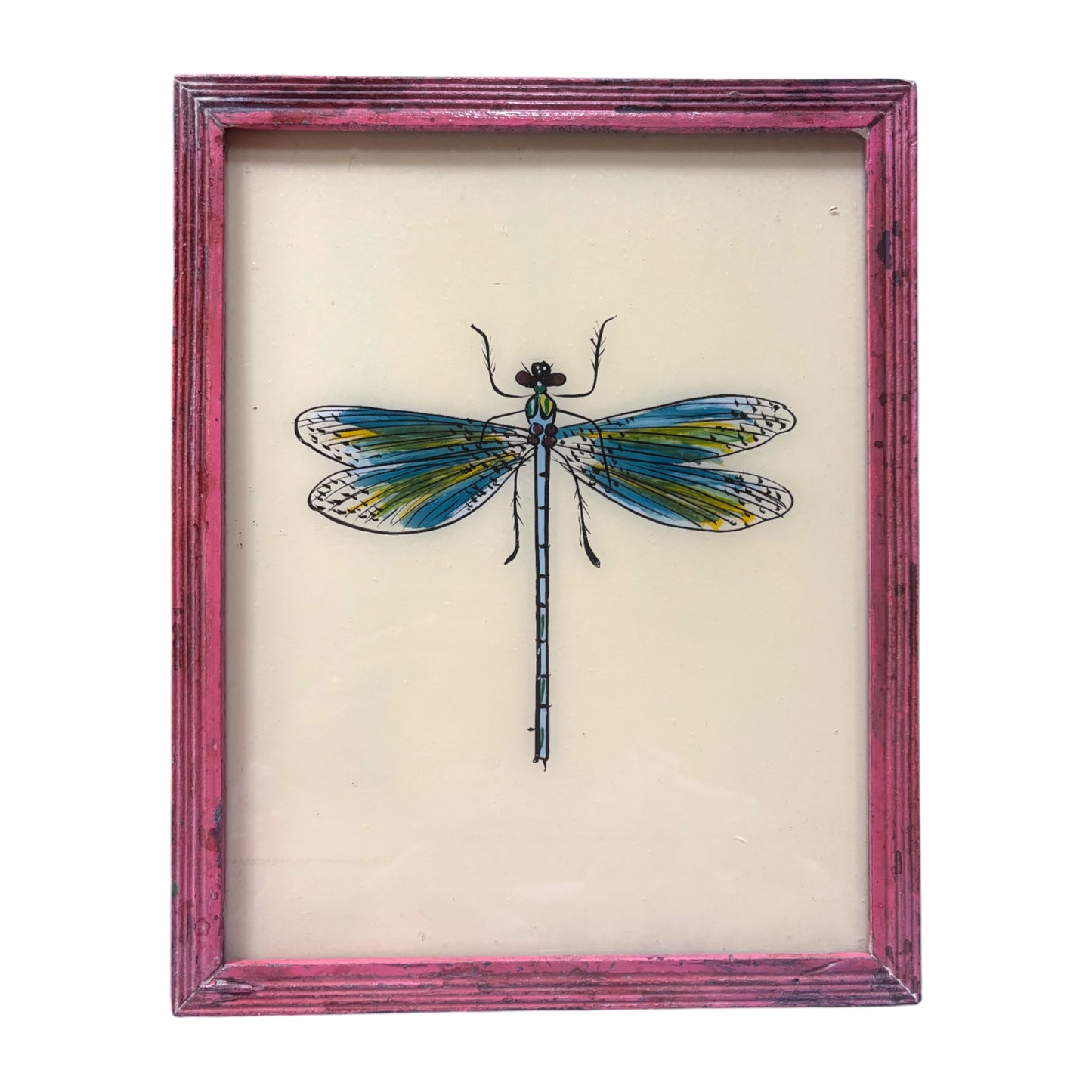 dragonfly glass painting in vintage frame