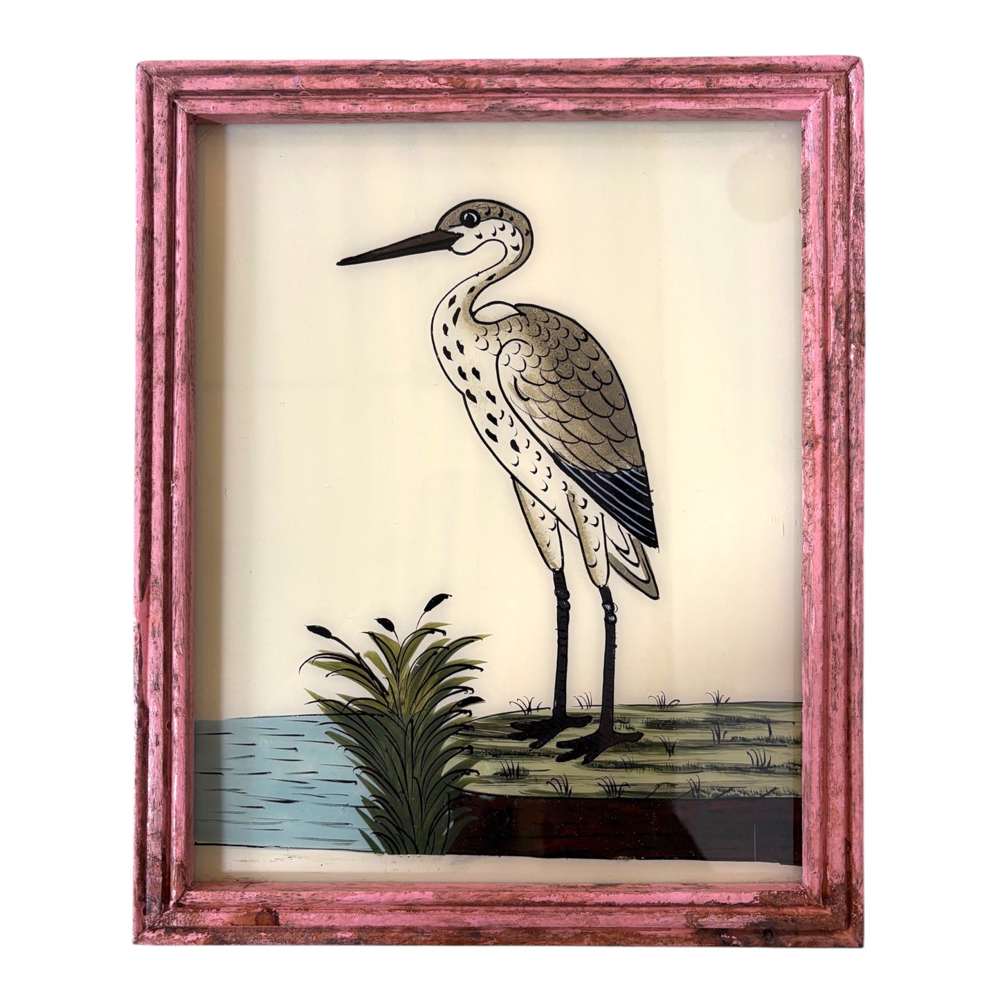 framed glass painting of a stork in a pink vintage wooden frame
