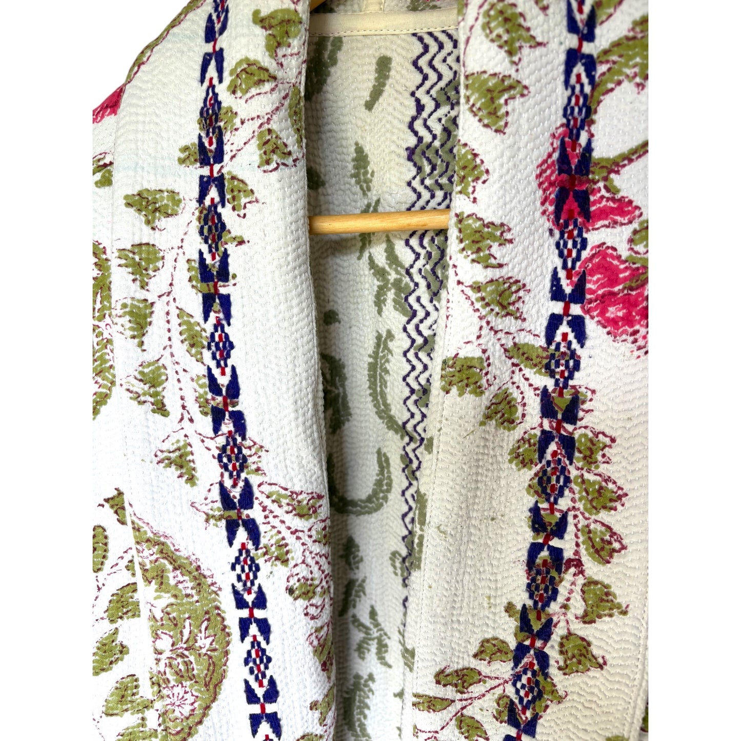 Moghul cream and olive short kantha coat close up