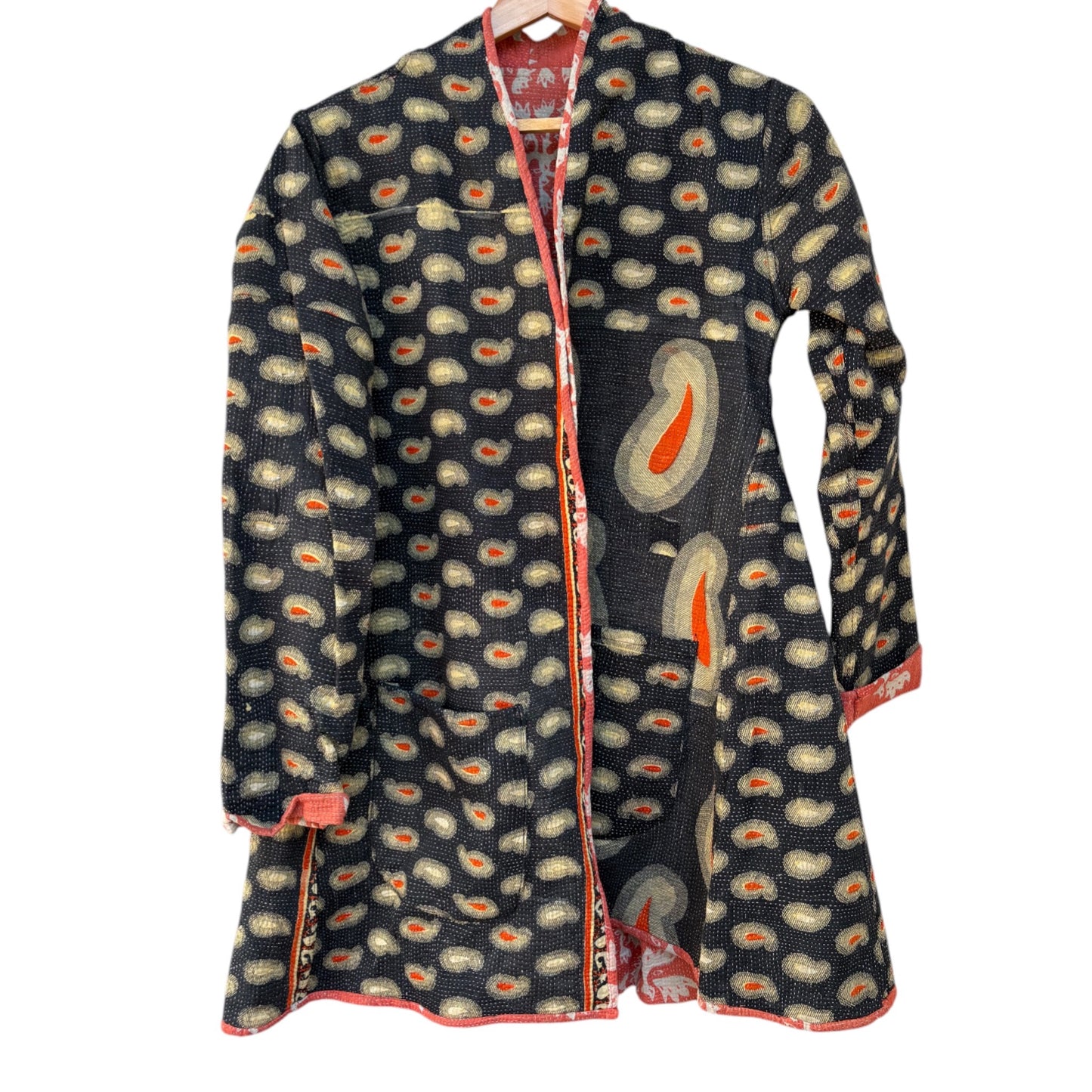Navy blue with orange long kantha coat