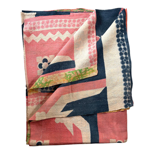 Navy and pink vintage kantha quilt