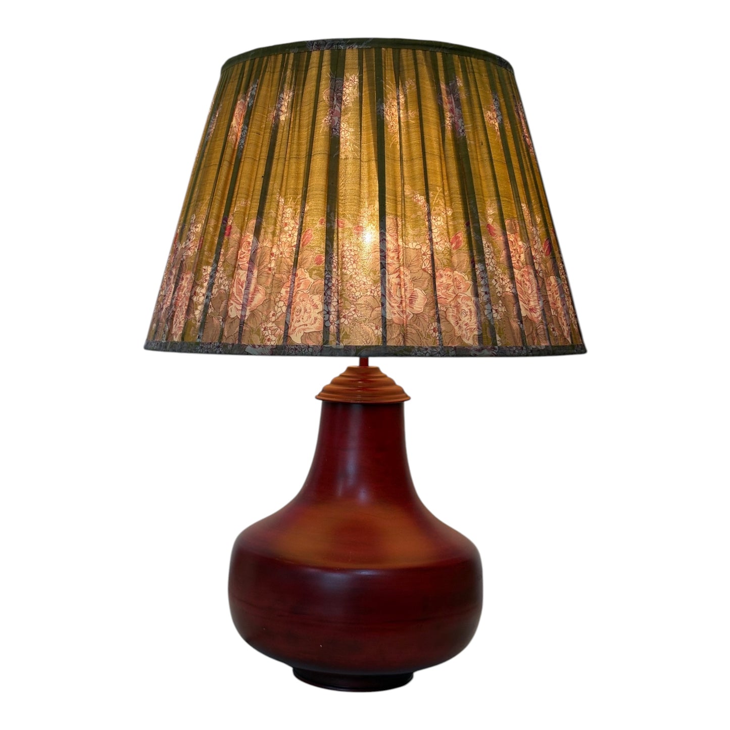 olive and pink floral lampshade lit