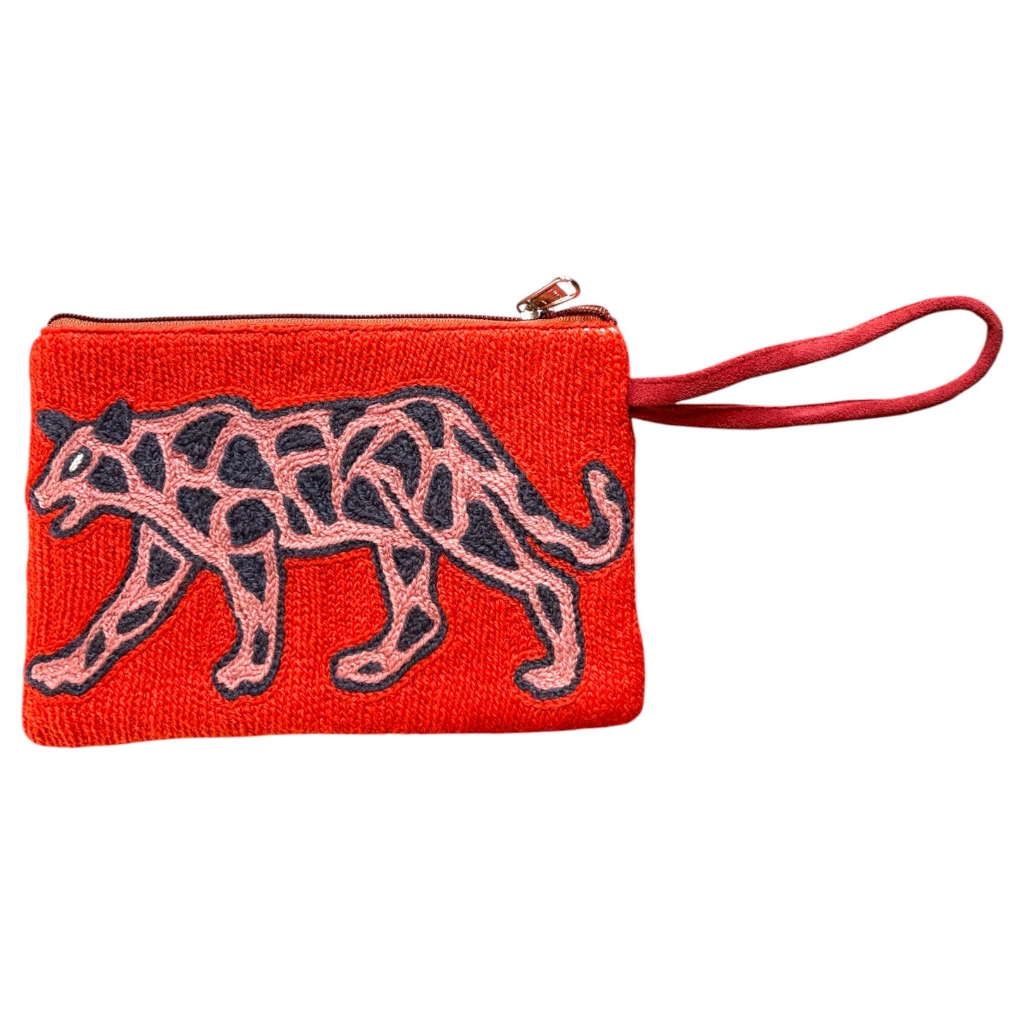 Orange handle crewel clutch bag