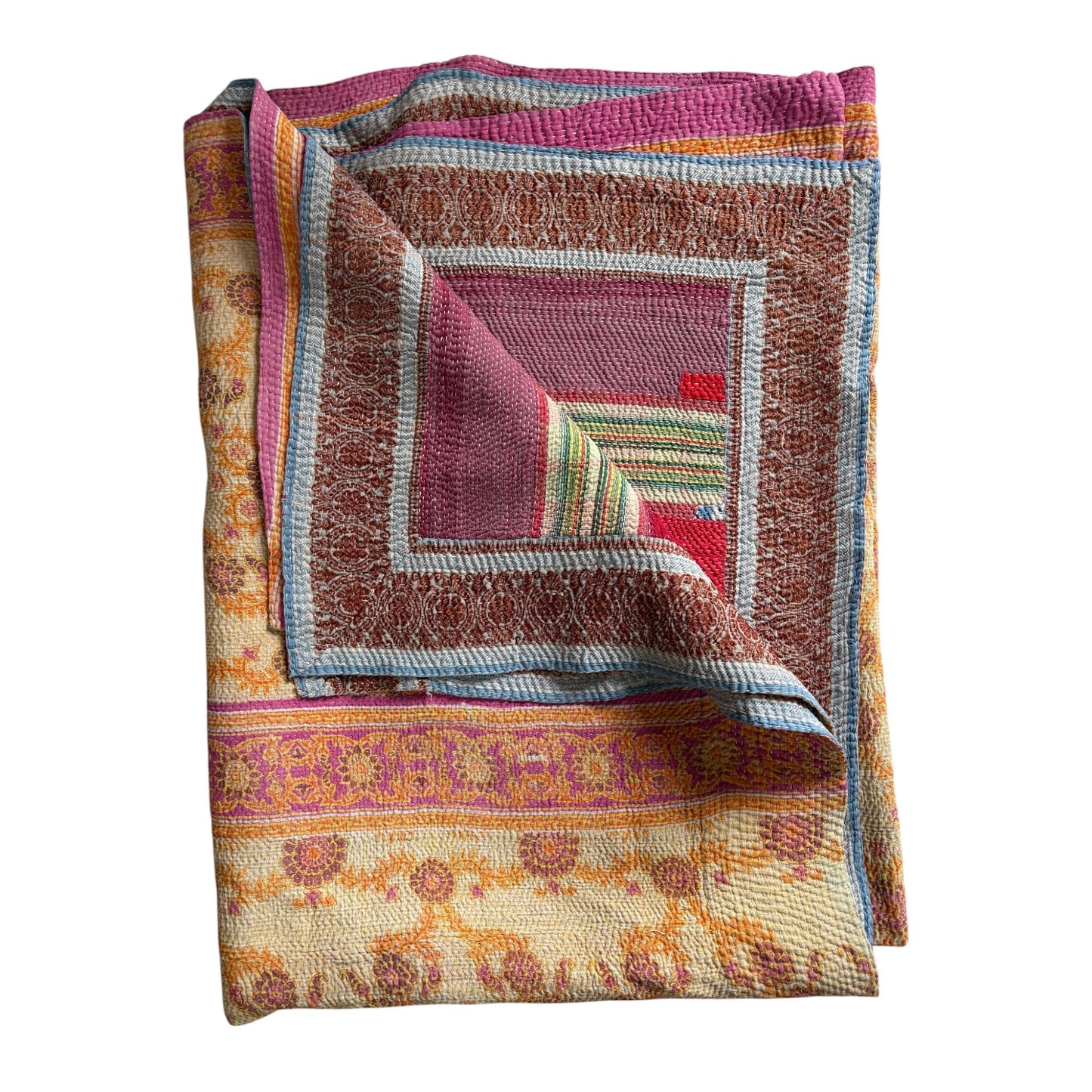 pink and orange kantha quilt