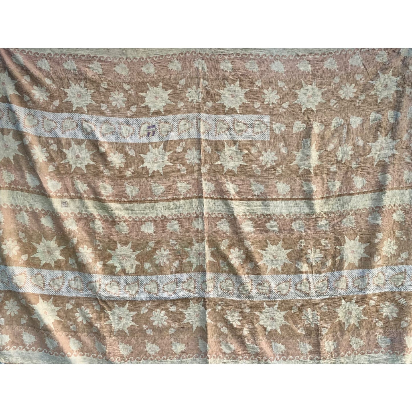 Pale aubergine and pink kantha quilt reverse