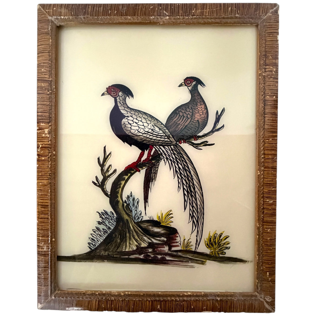 Pair of hand-painted silver pheasants on a branch, reverse glass painting in a rustic wood-grain frame