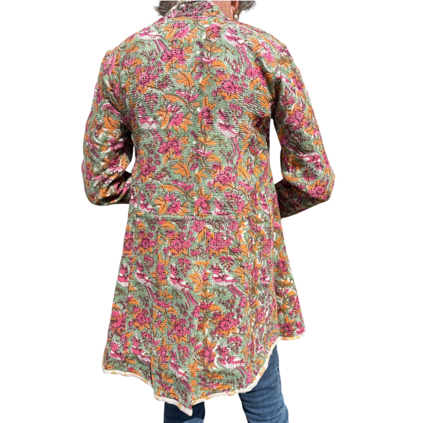 Back of pink and apricot kantha coat