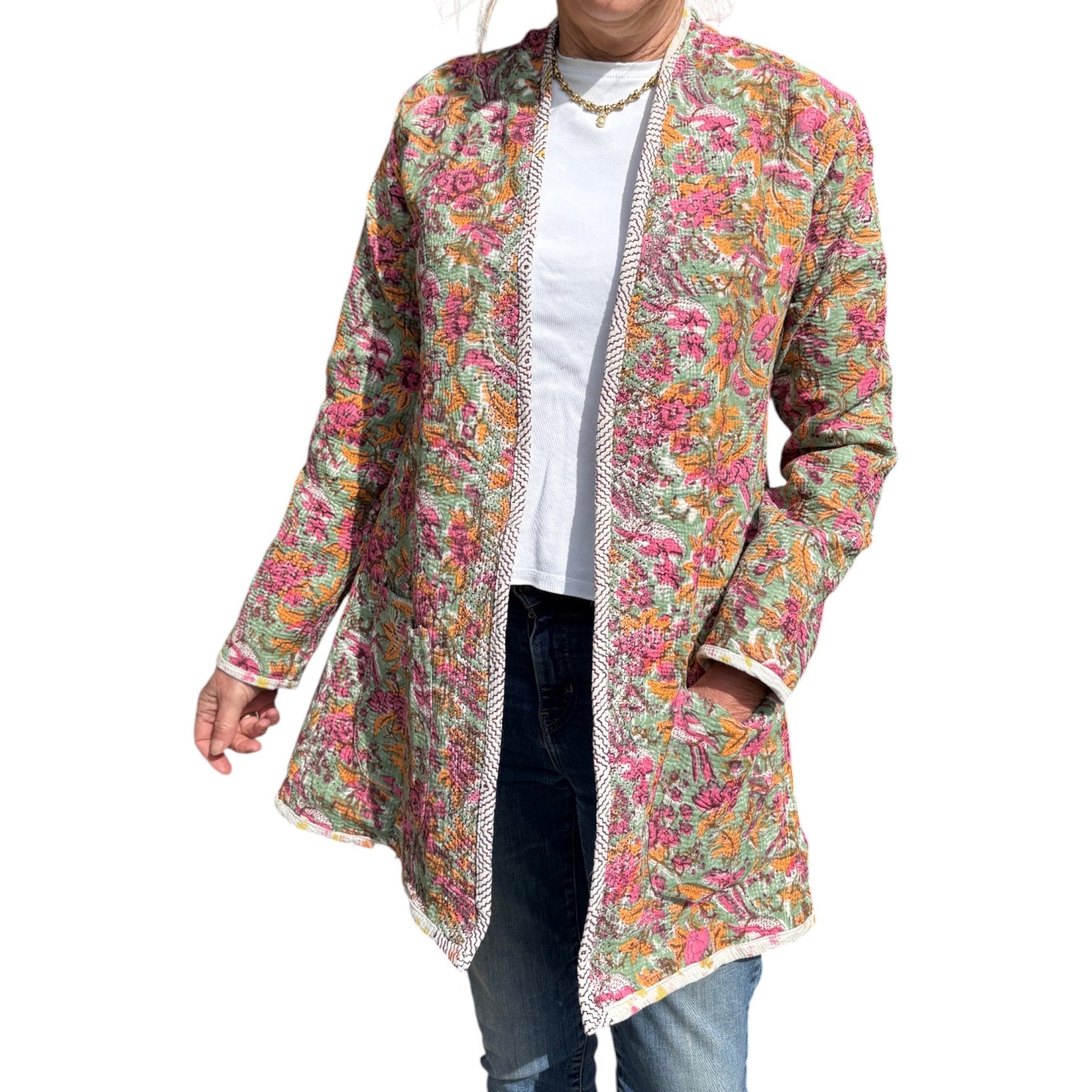 Pink and Apricot long kantha coat