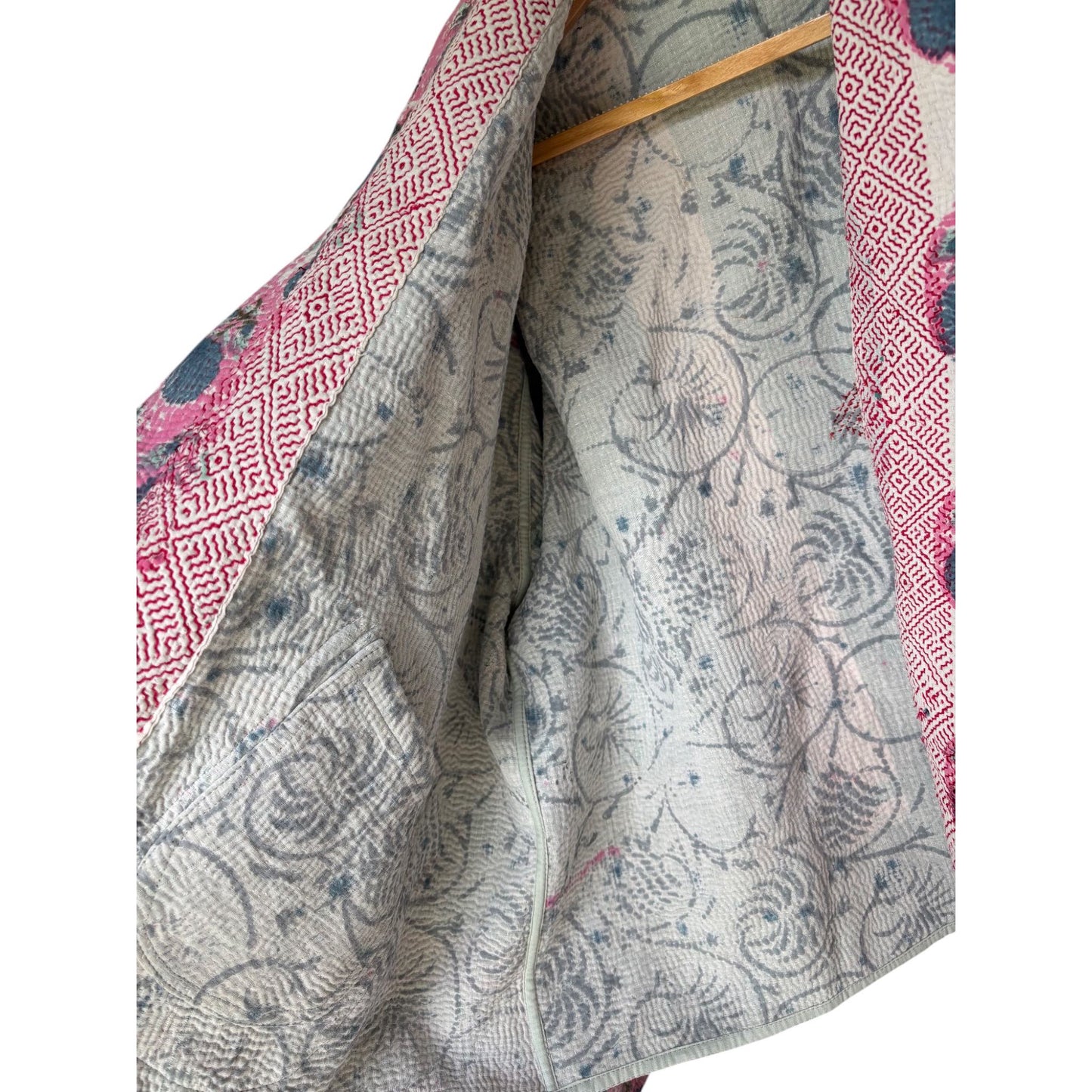 inside pink block print kantha coat
