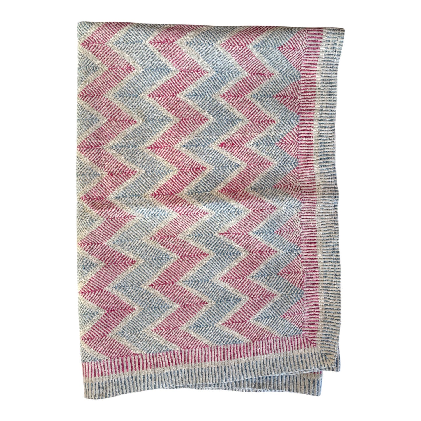 vintage nakshi kantha quilt in pink and blue
