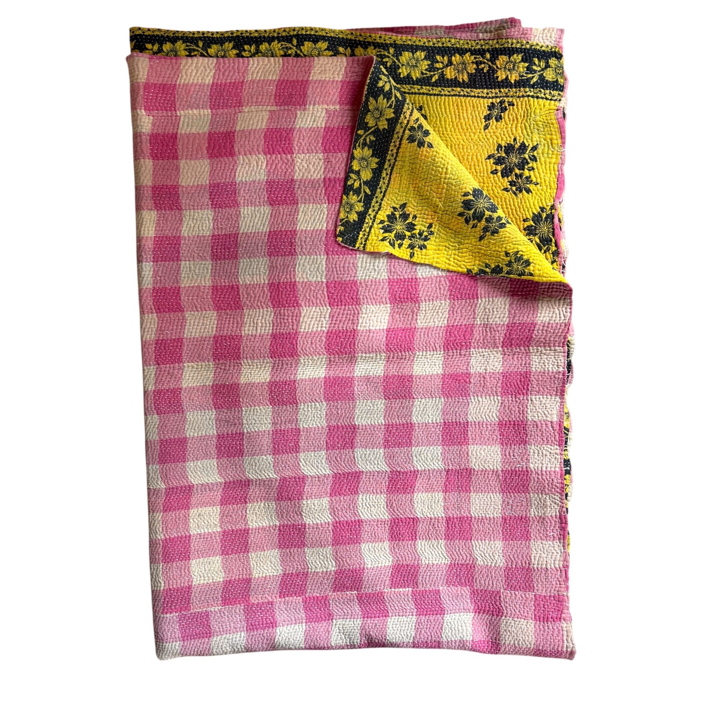 Pink check kantha quilt
